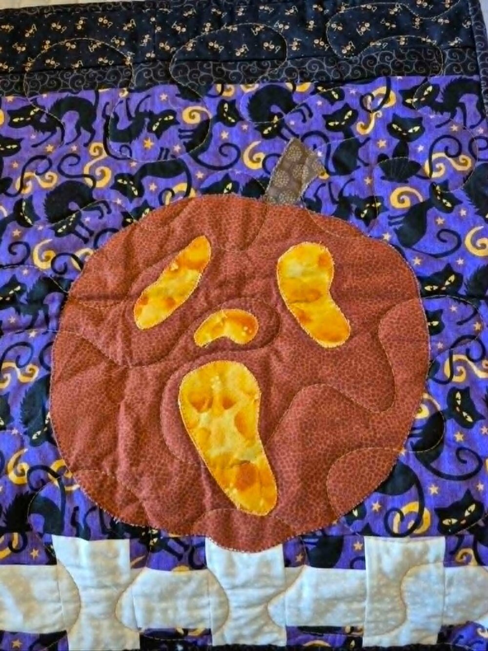 Very Vibrant Homemade Halloween Tapestry with Pumpkins and Black Cats